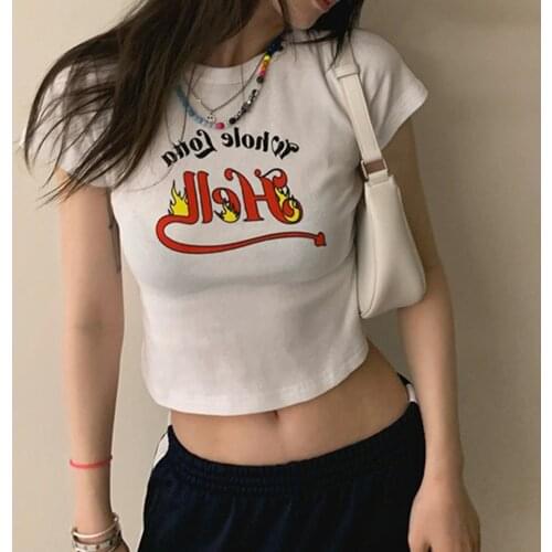 Letter Graphic Sexy Crop Top Women Summer Round Neck Short Sleeve White Cotton T Shirt Vintage Casual Streetwear Y2k Tops 2021