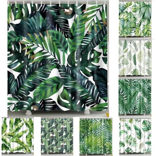 Tropical Green Plant Foliage Leaf Palm Cactus Shower Frabic Waterproof Mildewproof Polyester Bathroom Curtain With Hooks 1Piece