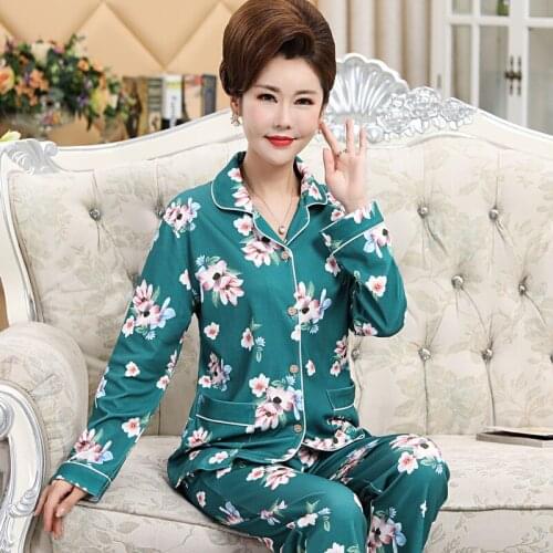 Plant Flowers Spring and Autumn Pajamas Women Long Sleeve Pure Cotton Middle-aged Mom Middle-Aged Cotton Homewear Set Old Man