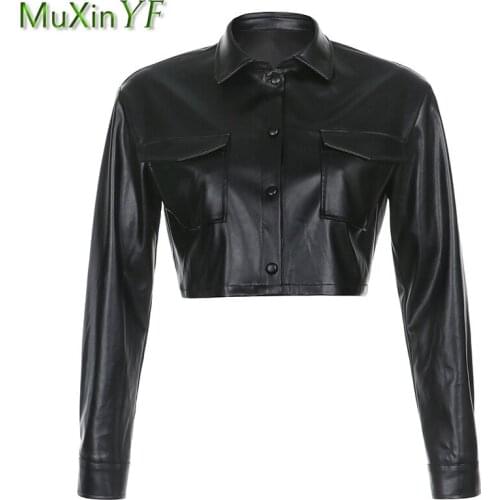2021 New Lady Autumn Winter Black PU Leather Jacket Women Punk Short Crop Tops Buttons Pockets Classic Joker Coats Streetwear
