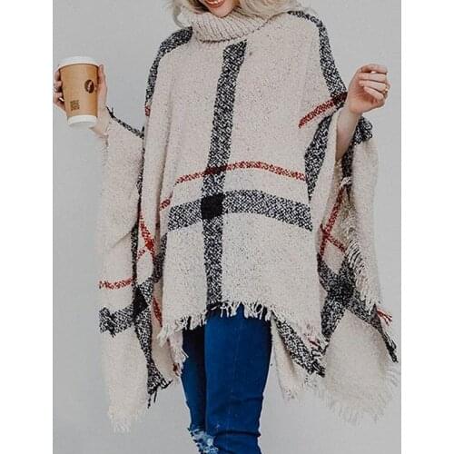Women Holiday Vintage Casual Cape Batwing Sleeve Poncho 2021 Bohemian Fringe Sweaters Lady Oversized Turtleneck Jumper Knitwear