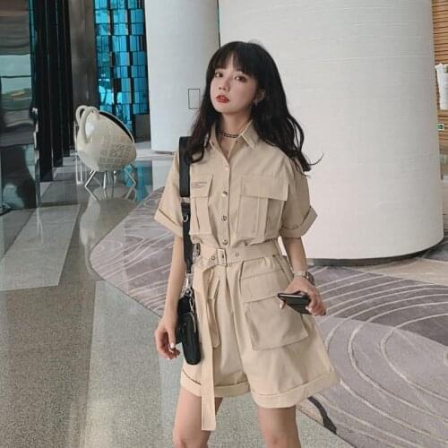 Womens set Workwear one-piece suit female 2021 summer Korean solid loose retro Hong Kong-style high waist casual shorts shirt
