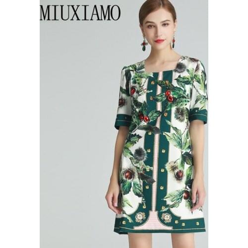 MIUXIMAO 2021 Spring Summer Square Neck Chinese Chestnut Printed Diamonds Short Sleeve Elegant Casual Dress Women Vestidos