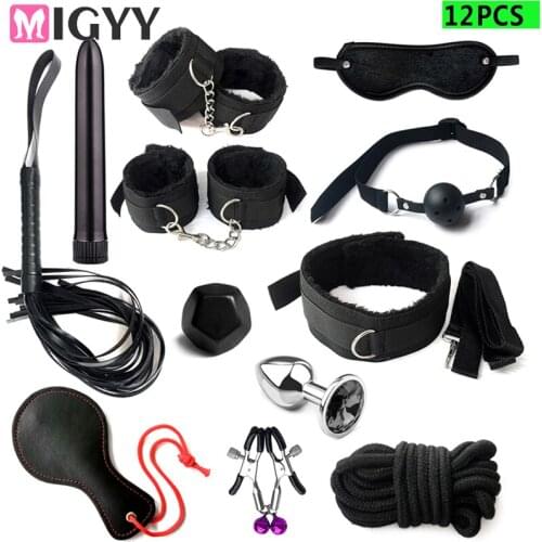 12/11/10/7pcs Women Men Porno Sex Handcuffs Nipple Clamps Whip Mouth Gag Sex Mask Anal Plug Bondage Set Kit Sexy Toys Adult Game