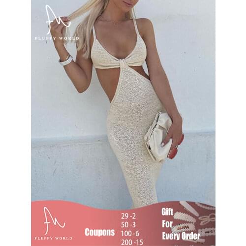 2021 Summer Knitted Maxi Dresses for Women Elegant Sexy Party Club Cut Out Backless Bodycon Dress Vacation Hollow Sundress