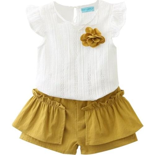 27Kids Girls Clothes Suit Pants Korean Sleeveless Flower Pattern Shorts Children Pocket Clothing Kids Set 2-6Years