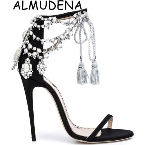 Bling Bling Jewelry Chain Fringe Lace-up Suede Thin High Sandal Black Fashion Elegance Banquet Shoes