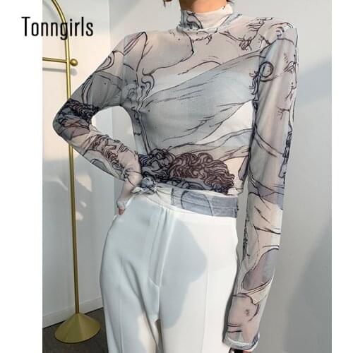 Tonngirls Turtleneck Mesh Blouse Women Renaissance Print Long Sleeve See Through Top Ladies Sheer Designer Top Clothing