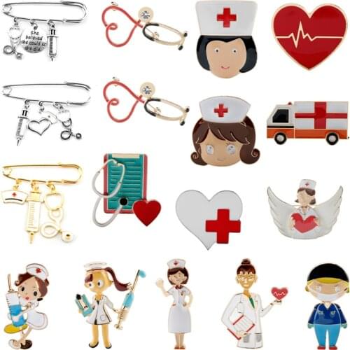 Medical Brooches Enamel Pins Stethoscope Syringe Nurse Heartbeat Shape Brooch Denim Scarf Lapel pin Button Gift for Doctor Nurse
