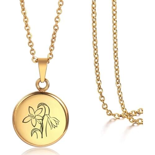 Gold Medallion Birth Flower Pendant Necklace For Women Girls Rose Daisy Violet Coin Rolo Chain Birthday Gift Jewelry DKP667