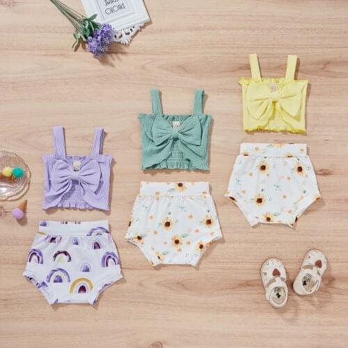 Cute Summer Baby Clothing Set Toddler Infant Girl Cotton Bow Sleeveless Tank Tops Floral Printed Shorts 2pcs Outfits 0-24M