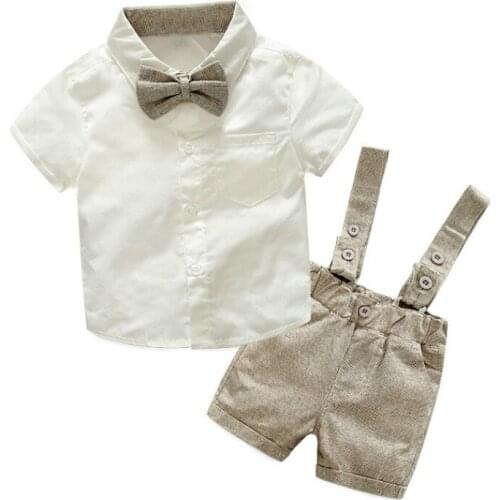 Summer Baby Boys Gentleman Clothing Cotton Baby Sets Bow Shirt Children Outfits Suits White Shirt + Shorts Newborn Boy Clothes