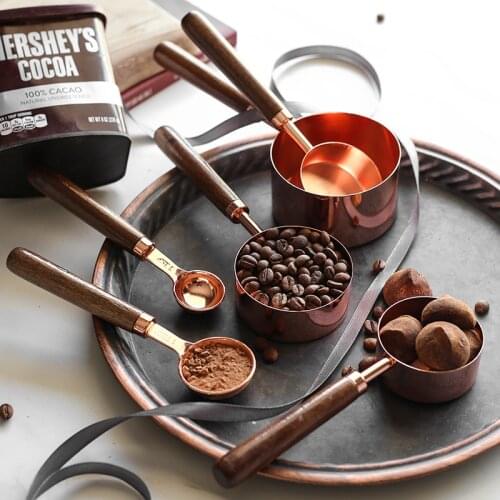 Rose Gold Plated Stainless Steel Measuring Cups Measuring Jugs Coffee Scoop Spoon With Wooden Handle Cake Kitchen Baking Tools