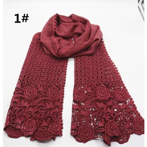 Luxurious fashion viscose solid plain rose flower lace elegant women scarf shawls muslim hijab wraps bandana pashmina 10pcs