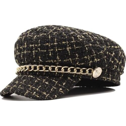 2020 Autumn Winter tweed Chain Military Hat For Women Wool Flat Army Cap Salior Hat Girl Visor Travel Berets plaid newsboy cap