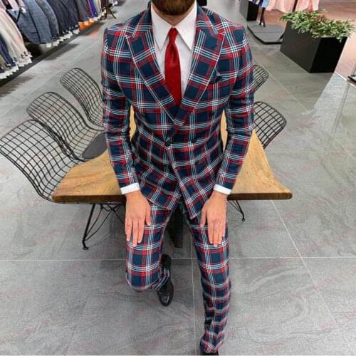 Scottish Plaid Double Breasted Suit Men 2 Pieces Best Man Groom Wedding Suits Tuxedo Tailored Suit Jacket Singer Stage Costume