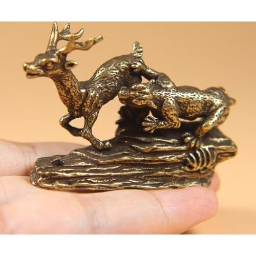 Pure Copper Tiger King Catching Deer Statue Small Ornament Antique Bronze Animal Miniature Figurines Home Desk Decorations Craft