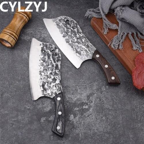 Traditional Handmade Forged Kitchen Knife Hammer Stainless Steel Chefs Chopper Cooking Knives Wooden Meat Slicer Butcher Knife