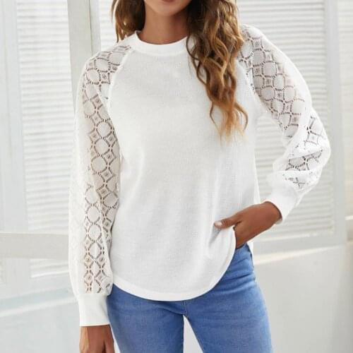 Women Pullovers Knitted Top Pullover Women Blouse Hollow Out Lace Patchwork Autumn Waffle Raglan Sleeve Pullover Top Streetwear