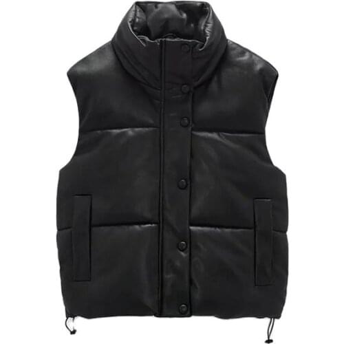 Winter Women New Fashion Simplicity Black Keep Warm Pu Vest Female Single-Breasted High Neck Side Pockets Chic Top