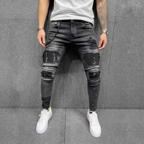 2021 Mens Ripped Feet Stretch Jeans Stitching Skinny Feet Jeans