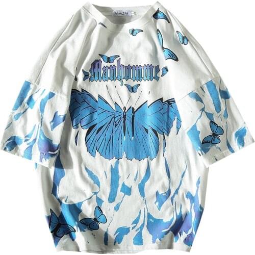 2021 popular male hip-hop short-sleeved blue butterfly casual jacket oversize T-shirt