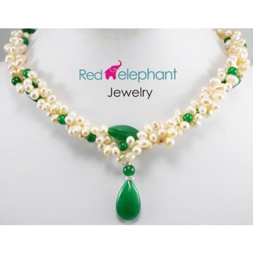 Free shopping! Genuine Fresh water Light Pink Pearl Necklace Green/Red Jades Pendant