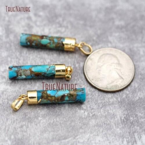 Mosaic Turquoises Howlite Cylinder Pendant Gold Dipped Blue Stone Pendant PM26809