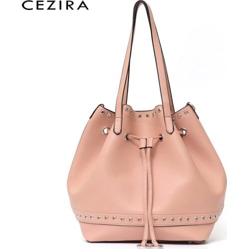 CEZIRA Daily PU Leather Shoulder Bags For Women Fashion Metal Rings Drawstring Bucket Large Vegan Tote Female Crossbody Handbags