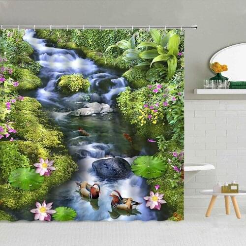 Oil Painting Scenery Shower Curtain Creek Lotus Fish Forest Waterfall Bathroom Decor Fabric High Quality With Hook Cloth Curtain
