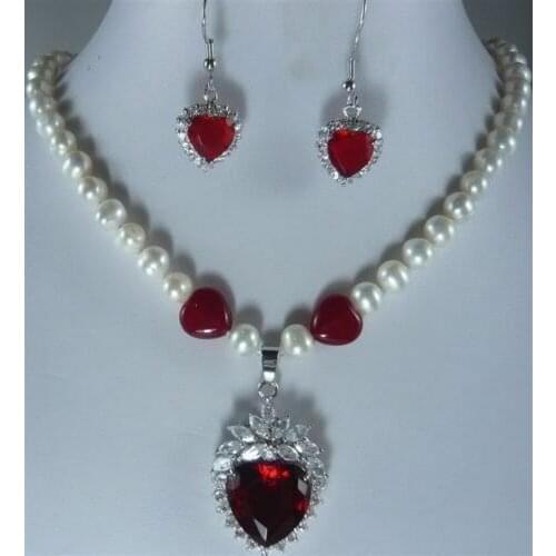 Beautifully White Freshwater Cultured 7-8MM Pearl & heart Ruby Necklace earring
