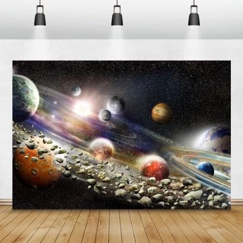 Laeacco Birthday Photozone Universe Space Planets Stars Meteorite Glitters Baby Shower Photography Backdrops Newborn Backgrounds