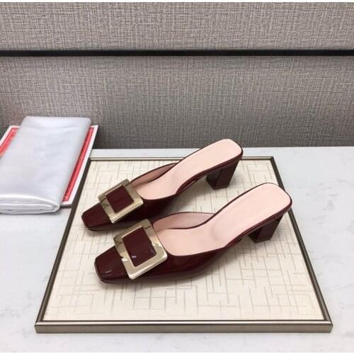 New Summber Womens Shoes Genuine Leather Slippers Shoes Square Toe Summer Sandals Fashion Brand Shoes Low Heels Sandals