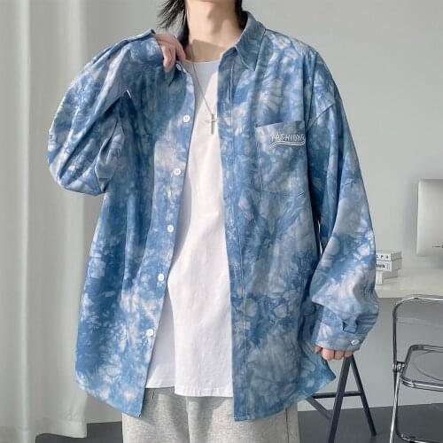 2021 Mens Loose Dyed Color Blue Color Shirts Fashion Trend Clothes Coats Long Sleeve Shirts Camisa Masculina Plus Size M-2XL