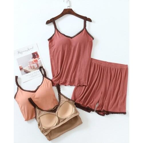 Fdfklak Soft Sleepwear Female Summer New Comfortable Pajamas With Chest Pad Sexy Sling Shorts Home Suit 2Pcs Lingerie