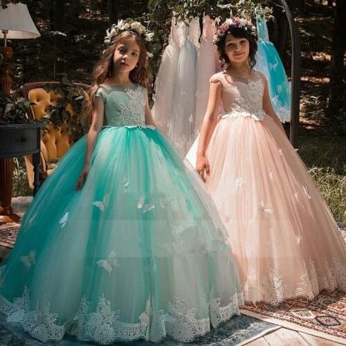 New Arrival Flower Girl Dresses Royal Blue High Neck Long Sleeves Ball Gown Lace Appliques First Communion Pageant Gowns