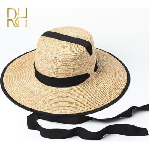New Stylish Flat Top Boater Straw Hat Big Outdoor Gold Eyelets Sunshade Spring Summer Wheat Straw Hat With Black Red Band RH