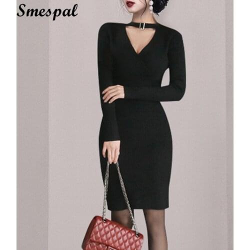 Bodycon Dress Autumn Women Sexy Halter Knitted Dress Fashion Sweater Mini Dress