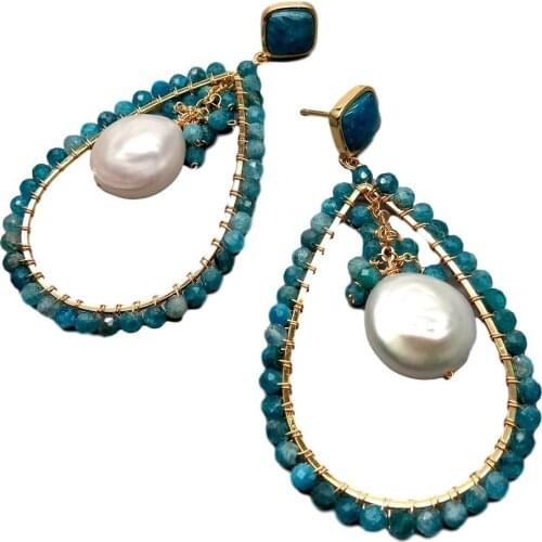 YYGEM Natural Round Blue Apatite White Coin Pearl Teardrop Studs Earrings wrap earrings