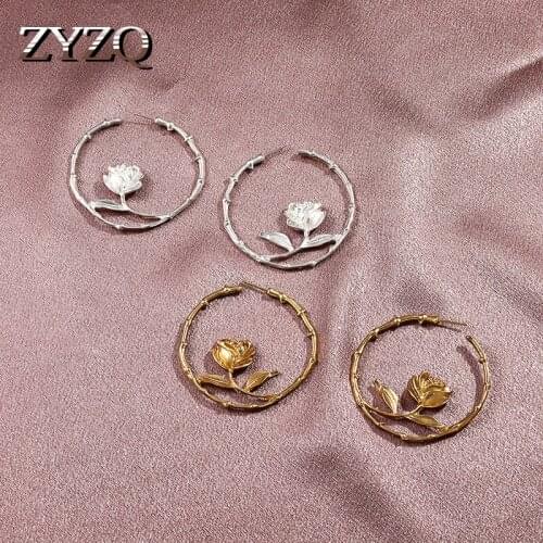 ZYZQ Temperament Retro Rose Flower Hoop Earrings For Women Metal Simple Hollow Drop Earrings Fashion Jewelry Accessories