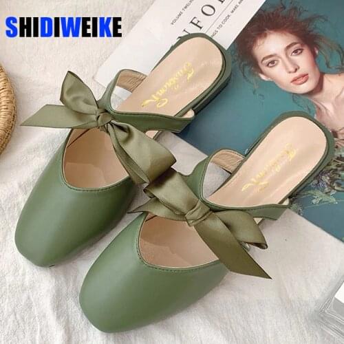 Ribbon Bow Flip Flops Women Square Toe Bowtie Sandals Size 40 Black Beige Leather Pleated Slides Chaussures Femme Summer AC692