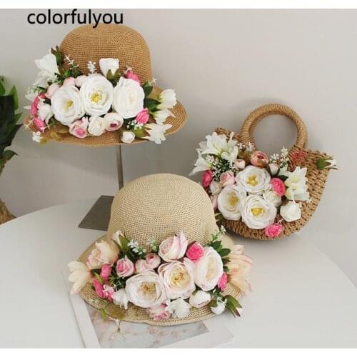 Fresh Style Straw Bags for Women 2021 Summer Rattan Bag Handmade Flowers Woven Beach Bag Small Shoulder Bag with Sun Hat