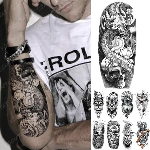 Waterproof Temporary Tattoo Sticker Japanese Skull Dragon Flash Tatto Lotus Tiger Lion Body Art Arm Fake Tatoo Women Men