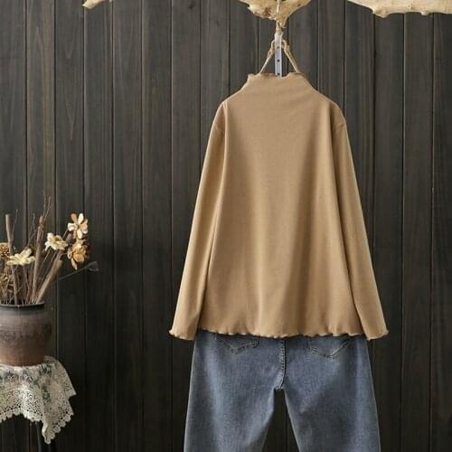 Large Size Autumn Winter Lady Basic T Shirt Half High Collar Long Sleeve Loose Solid Plus Velvet Cotton Women Simple T-Shirt 4XL