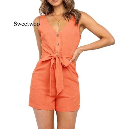 Women Playsuits Sexy V Neck Sleeveless Button Sashes Cotton Playsuits Casual Slim Pocket Black Short Jumpsuit Femme Rompers
