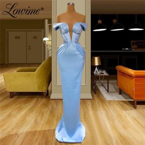 Light Blue Long Formal Dresses 2020 Off The Shoulder Mermaid Vestido Longo Plus Size Customized Women Satin Evening Dresses