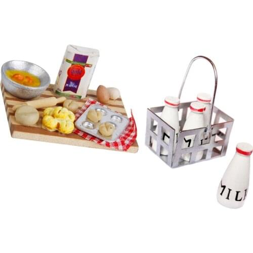 1/12 Dollhouse Mini Milk Basket with 4pcs Wood Bottles Metal Basket & Milk Bread Eggs Board Kitchen Decoration