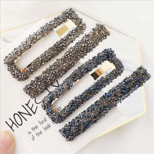 2Pcs Women Shining Crystal Rhinestone Hairpins Barrettes Girl Kids Cute Geometric Hair Clips Seed Beads Hairgrip Hair Accessorie