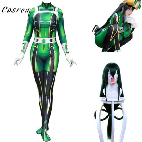 Anime My Boku no Hero Academia Asui Tsuyu Froppy Tsuyu Asui Zentai Bodysuit Suit Halloween Costumes Wig for Adults Women Kids