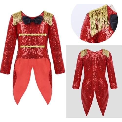 Kids Girls Halloween Cosplay Costume Shiny Sequin Bowtie Fringe Swallow-Tailed Coat Child Circus Ringmaster Roleplay Dress Up
